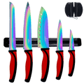 Kitchen Knife Set Kit | Red Handle & Black Magnetic Rack
